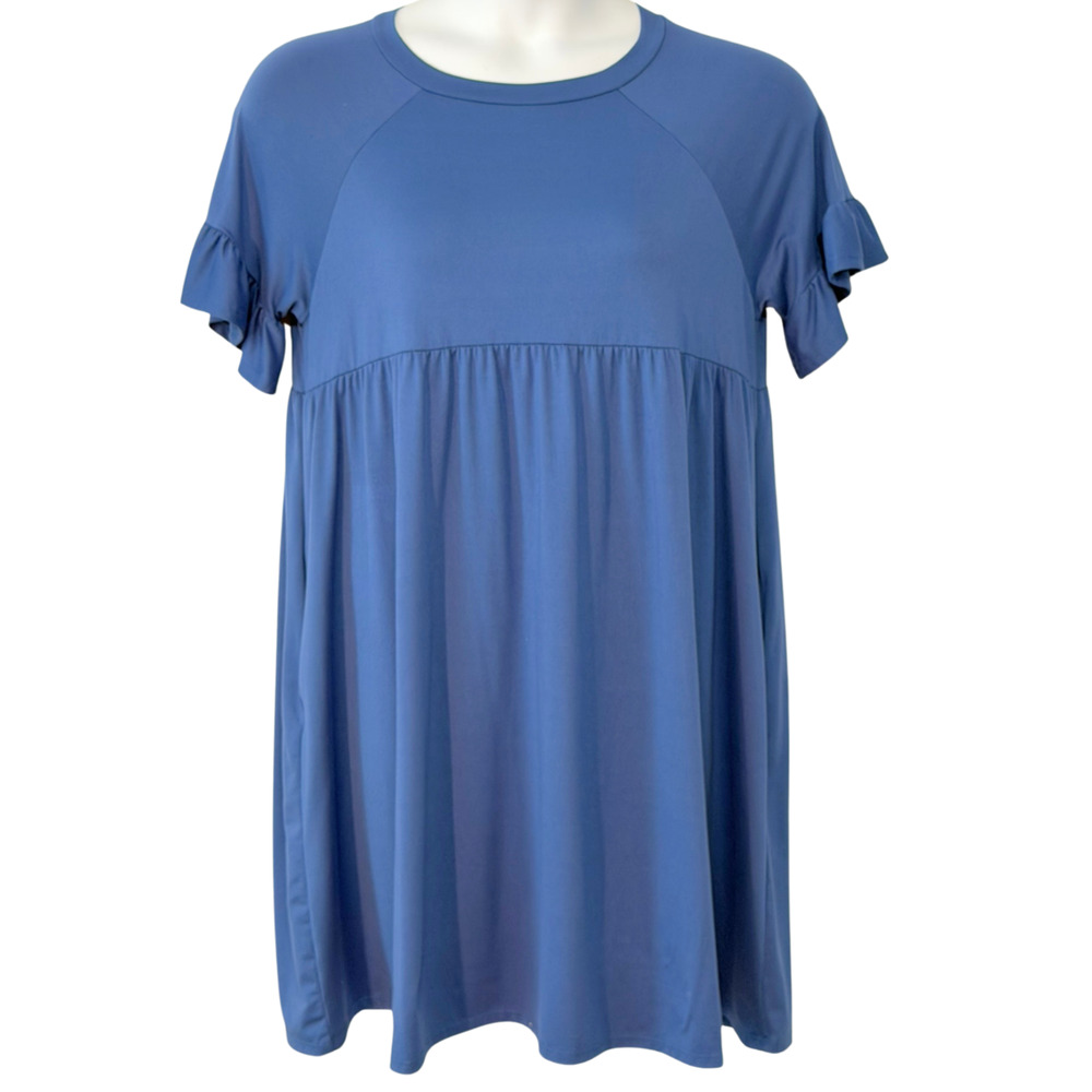 P & Rose Sz M T-Shirt Dress Empire Waist Raglan Sleeves with Ruffles Blue Knit